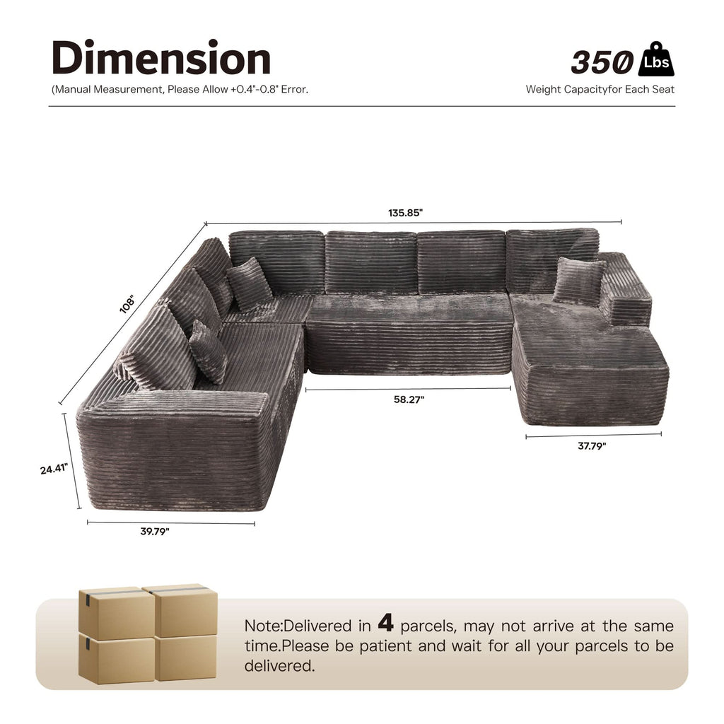 OVIOS Modular Cloud Sofa with Memory Foam & L-Shaped Chaise,Corduroy Fabric Sofa, No Assembly Required
