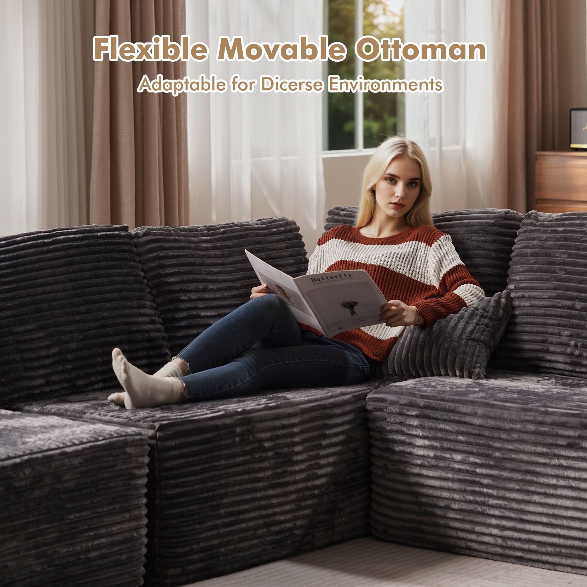OVIOS Memory Foam Cloud Sofa: Modular L-Shape Chaise in Corduroy Fabric, No Assembly Required