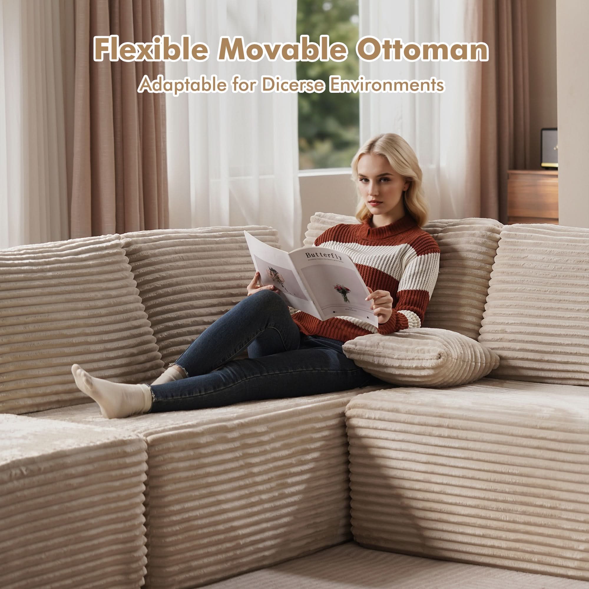OVIOS Memory Foam Cloud Sofa: Modular L-Shape Chaise in Corduroy Fabric, No Assembly Required